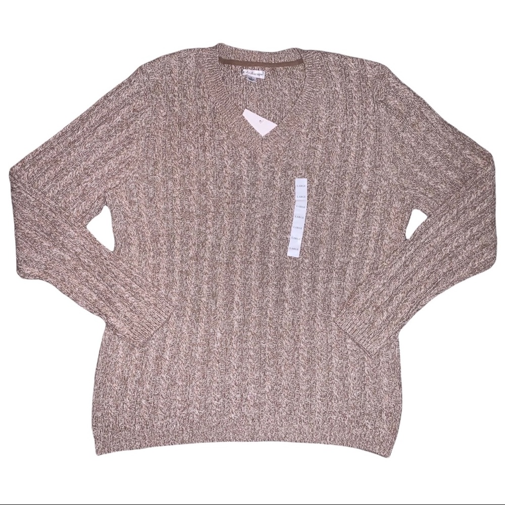 Light Brown & White Marl Cable Knit V-Neck Sweater